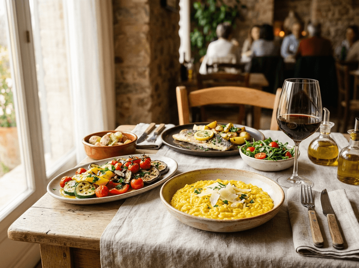 Un piatto di risotto guarnito, servito in un locale attento al senza glutine